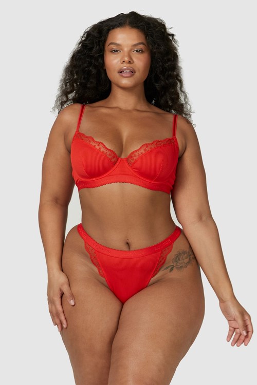 Lounge Underwear Żebrowany Balcony Bra & Stringi/Briefs Set Czerwone | 023JLRGCK