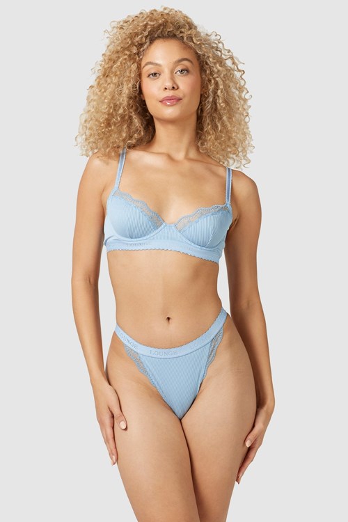Lounge Underwear Żebrowany Balcony Bra & Stringi/Briefs Set Niebieskie | 129NZOUDP