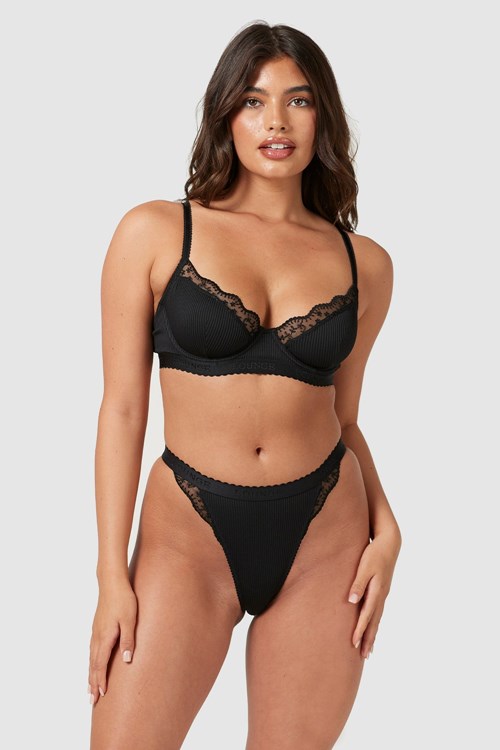Lounge Underwear Żebrowany Balcony Bra & Stringi/Briefs Set Czarne | 405EFDXOS